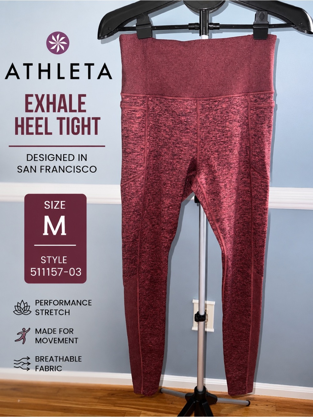 Athleta Exhale Heel Tight Leggings Size M Heathered Burgundy High Rise